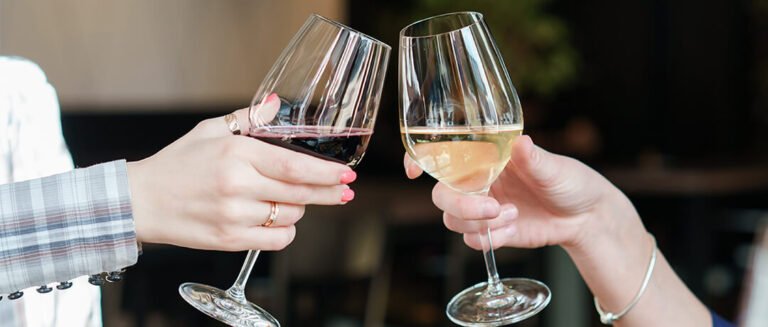 Zwei Personen stoßen ein Glas Rotwein und ein Glas Weißwein an. Bild zur Feier der neuen Weinrebe Homepage